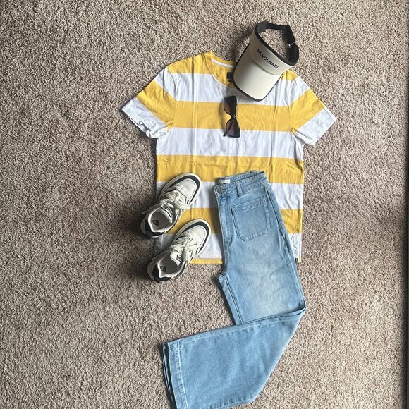 New SELECTED Yellow & White Striped Cotton T-Shirt - Size L (Unisex) - Picture 1 of 6